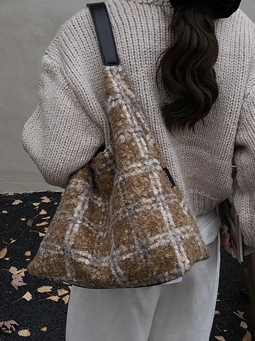 Large Capacity Plaid Woolen Tote Bag For Women Autumn Winter Fashion Vintage Checked Shoulder Bag Casual Commuter Handbag