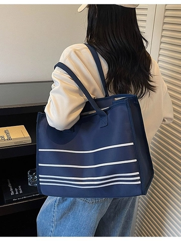 Bolso Tote de Lona a Rayas de Gran Capacidad para Mujer Bolso de Hombro Minimalista con Rayas en Contraste para Uso Diario