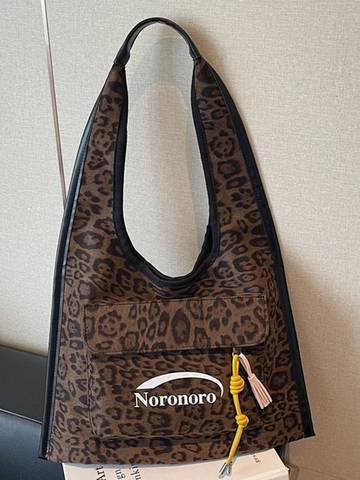 Leopardenmuster Wildleder Umhängetasche Große Kapazität Für Damen Mode Hobo Tote Bag Mit Fronttasche Kontrast Quasten Handtasche