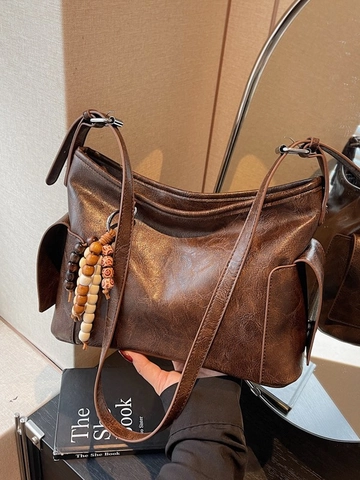 Bolso Bombonera de Cuero PU de Gran Capacidad para Mujer Bolso de Hombro Casual Vintage Con Adorno de Cuentas de Madera