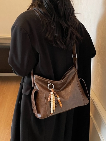 Bolso Bombonera de Cuero PU de Gran Capacidad para Mujer Bolso de Hombro Casual Vintage Con Adorno de Cuentas de Madera