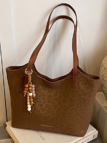 Borsa Tote in Pelle PU con Stampa Leopardata Grande Capacità per Donna Borsa a Tracolla Vintage con Ciondolo a Perline