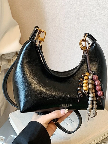 Vintage French Style PU Leather Hobo Bag For Women Solid Color Dumpling Shape Shoulder Bag With Beaded Charm Fashion Purse