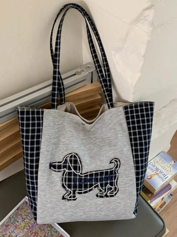 Borsa Tote in Tela da Donna Grande Capacità Patchwork a Quadri Borsa a Tracolla Ricamo Bassotto Handbag Casual