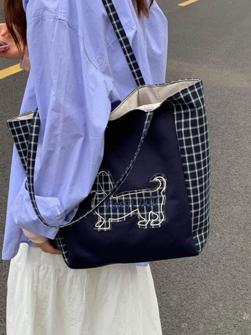 Borsa Tote in Tela da Donna Grande Capacità Patchwork a Quadri Borsa a Tracolla Ricamo Bassotto Handbag Casual