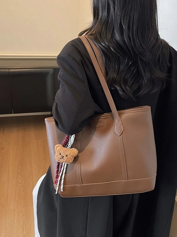 Vintage Tragetasche Aus PU Leder Mit Großer Kapazität Für Damen Mode Pendler Gefaltete Schultertasche Mit Plüschbärenanhänger