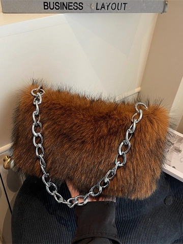 Mode Damen Kunstpelz Unterarmtasche Vintage Plüsch Umhängetasche Mit Silber Metall Kette Gurt Winter Einfarbig Handtasche