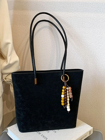 Bolso Tote de Gran Capacidad de Cuero PU Esmerilado Vintage para Mujer Retro Colgante de Cuentas Bolso de Hombro Oficina