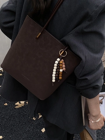 Bolso Tote de Gran Capacidad de Cuero PU Esmerilado Vintage para Mujer Retro Colgante de Cuentas Bolso de Hombro Oficina
