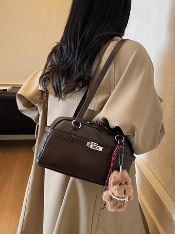 Bolso de Axila Vintage para Mujer Retro de Cuero PU Bolso de Hombro Moda Bolso Almohada Con Colgante de Peluche Elegante