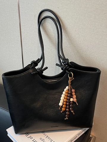 Bolso Tote de Cuero PU para Mujer Gran Capacidad Bolso de Hombro Minimalista Vintage Con Borla de Cuentas de Madera