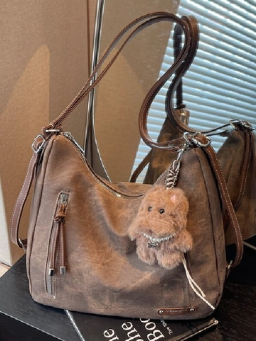 Borsa a Tracolla Retro in Pelle PU Grande Capacità Zaino Donna Multifunzionale Borsa Tote Effetto Usato Con Ciondolo in Peluche