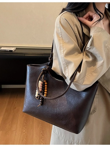Bolso Tote de Cuero PU para Mujer Gran Capacidad Bolso de Hombro Minimalista Vintage Con Borla de Cuentas de Madera