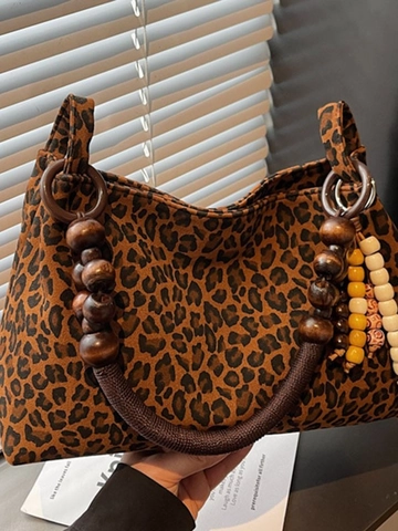 Borsa Tote da Donna Vintage con Stampa Leopardata e Manico in Perline di Legno Borsa a Tracolla in Pelle PU Casual Sottobraccio