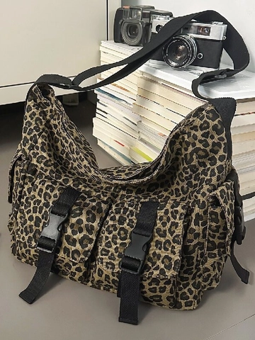 Leopard Print Canvas Tote Bag Large Capacity Crossbody Bag Casual Vintage Multi Pocket Shoulder Bag For Women Street Style