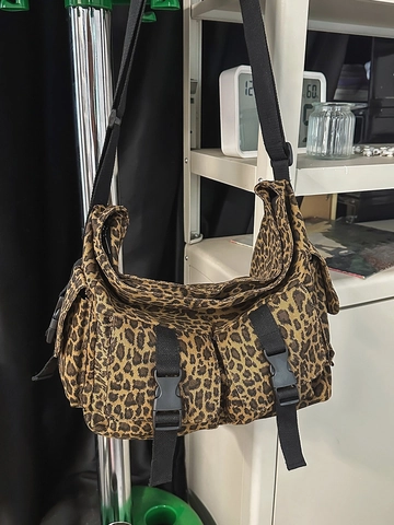 Leopard Print Canvas Tote Bag Large Capacity Crossbody Bag Casual Vintage Multi Pocket Shoulder Bag For Women Street Style