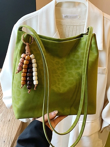 Borsa Tote Retro in Pelle PU con Stampa Leopardata da Donna Borsa a Tracolla di Grande Capacità con Ciondolo in Perle di Legno