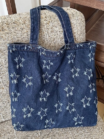 Borsa Tote in Denim Lavato da Donna Grande Capacità Casual Retro Stella Cuore Modello Borsa a Spalla Letteraria Versatile Borsa Quotidiana