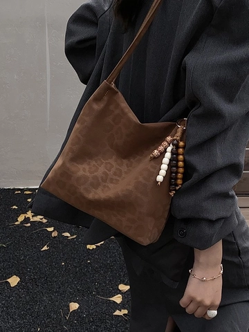 Borsa Tote Retro in Pelle PU con Stampa Leopardata da Donna Borsa a Tracolla di Grande Capacità con Ciondolo in Perle di Legno