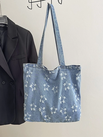 Borsa Tote in Denim Lavato da Donna Grande Capacità Casual Retro Stella Cuore Modello Borsa a Spalla Letteraria Versatile Borsa Quotidiana