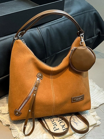 Sac Hobo en Cuir PU Grande Capacité pour Femmes Texture Daim Rétro Sac à Épaule Avec Pochette Ronde Fourre-Tout pour Quotidien