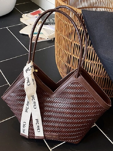 Bolso Tote de Cuero PU Tejido Vintage para Mujer Bolso de Hombro de Gran Capacidad Con Cinta Decorativa de Satén Moda Casual Handbag