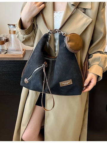 Sac Hobo en Cuir PU Grande Capacité pour Femmes Texture Daim Rétro Sac à Épaule Avec Pochette Ronde Fourre-Tout pour Quotidien