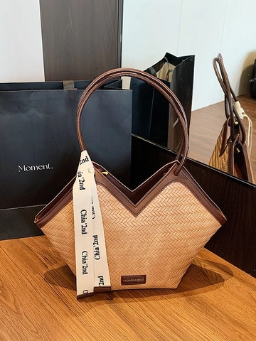 Bolso Tote de Cuero PU Tejido Vintage para Mujer Bolso de Hombro de Gran Capacidad Con Cinta Decorativa de Satén Moda Casual Handbag