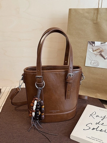 Borsa a Secchiello Vintage in Pelle PU per Donna Stampa Leopardata Retrò Borsa a Tracolla Con Nappina in Perle di Legno Autunno Inverno