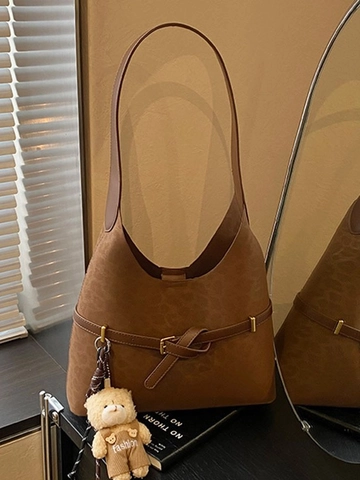 Large Capacity Leopard Print PU Shoulder Bag For Women Vintage Hobo Tote With Bear Charm Casual Commuter Bucket Bag