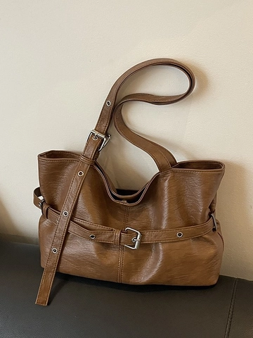 Women Vintage Large Capacity PU Leather Tote Bag Fashion Shoulder Bag With Decorative Buckle For Daily Commuting Office
