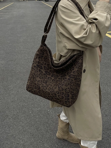 Borsa Tote retrò con Stampa Leopardata Donna Grande Capacità in Tessuto Borsa a Tracolla Tracolla Larga Regolabile Borsetta alla Moda