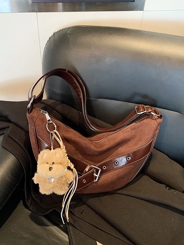Women Vintage Suede PU Leather Crescent Hobo Bag Retro Large Capacity Shoulder Bag Adjustable Crossbody Handbag With Plush Bear Pendant