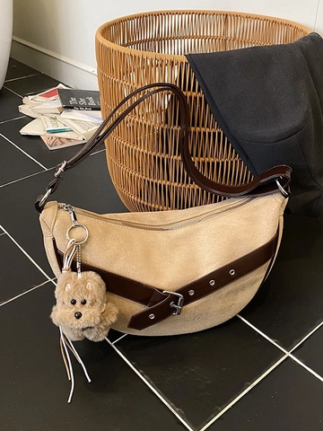 Women Vintage Suede PU Leather Crescent Hobo Bag Retro Large Capacity Shoulder Bag Adjustable Crossbody Handbag With Plush Bear Pendant