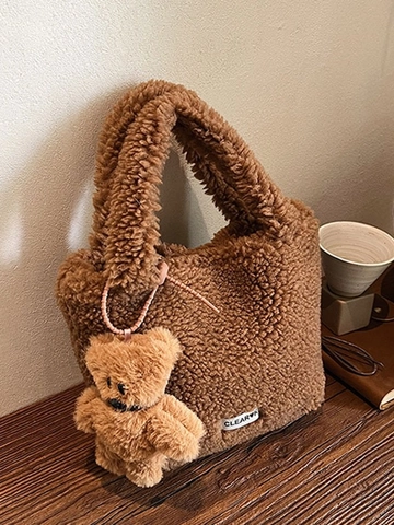 Damen Kunstlammwolle Plüsch Eimertasche Weiche Flauschige Umhängetasche Mit Bär Schlüsselanhänger Trendige Winter Handtasche