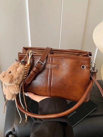 Vintage Damen PU Leder Umhängetasche Glänzend Kleine Quadratische Schultertasche Mit Plüsch Bär Anhänger Mode Handtasche