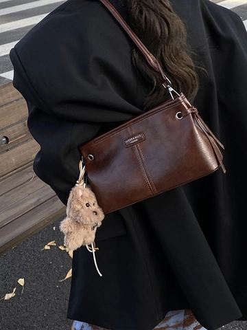 Vintage Damen PU Leder Umhängetasche Glänzend Kleine Quadratische Schultertasche Mit Plüsch Bär Anhänger Mode Handtasche