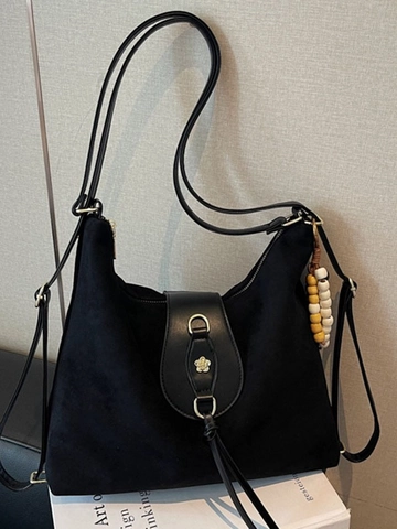 Borsa Tote in Pelle PU Opaca Vintage per Donna Borsa a Spalla Grande Capacità Con Ciondolo in Perline e Fibbia a Fiore