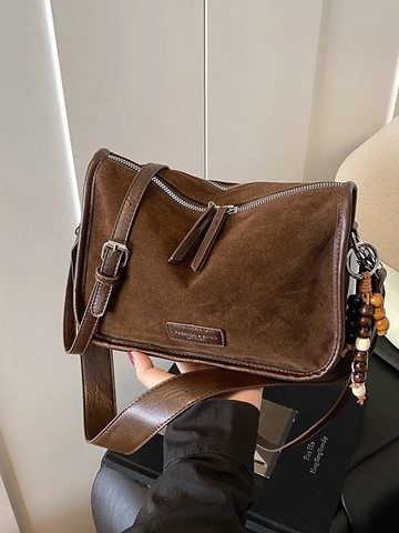 Vintage Frosted PU Pillow Crossbody Bag For Women Fashion Suede Texture Small Shoulder Bag With Wooden Bead Charm Retro Purse