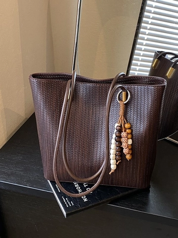 Borsa Tote in Pelle PU a Trama Intrecciata Vintage di Grande Capacità per Donna Borsa a Tracolla Moda Versatile con Ciondolo a Grani