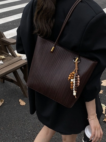 Borsa Tote in Pelle PU a Trama Intrecciata Vintage di Grande Capacità per Donna Borsa a Tracolla Moda Versatile con Ciondolo a Grani