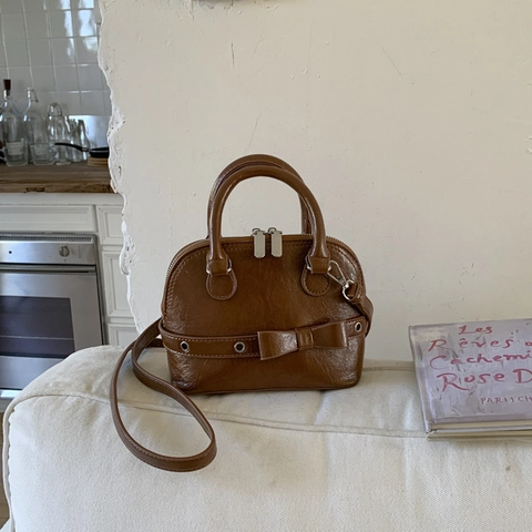 Women's Fashion PU Leather Shell Handbag With Bowknot Decoration Solid Color Retro Crossbody Bag For Daily Outing