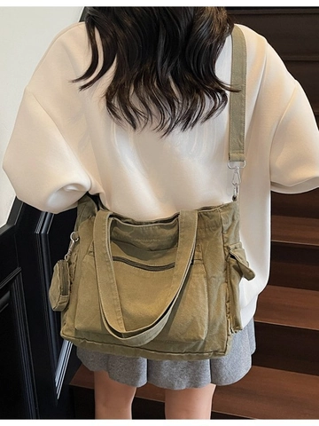 Damen Große Kapazität Canvas Tote Bag Mit Mini Rundem Beutel Multi Taschen Schultertasche Student Pendler Umhängetasche