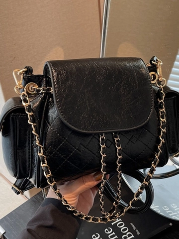 Zaino Mini Vintage Donna Trapuntato a Rombi in Pelle PU Moda Versatile Borsa a Spalla Sottobraccio Con Tracolla a Catena Oro