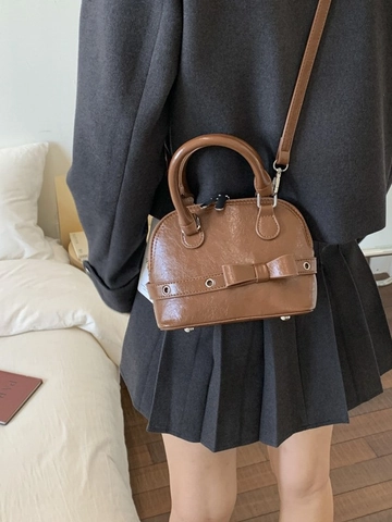 Vintage Shiny PU Leather Bow Shell Bag For Women Fashion Small Shoulder Crossbody Handbag With Metal Eyelets Elegant Top Handle Bag