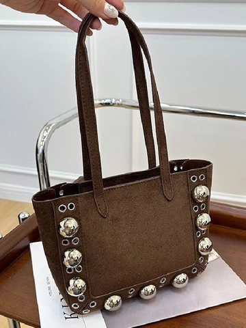 Vintage Suede Shoulder Bag For Women Silver Rivet Grommet Decor Tote Bag Retro Fashion Underarm Handbag Solid Color Satchel