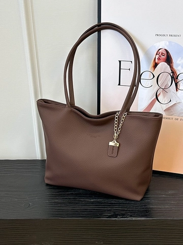 Bolso Tote de Mujer de Cuero PU con Patrón de Litchi Gran Capacidad Bolso de Hombro Minimalista Urbano con Cadena Oro