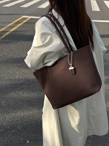 Bolso Tote de Mujer de Cuero PU con Patrón de Litchi Gran Capacidad Bolso de Hombro Minimalista Urbano con Cadena Oro