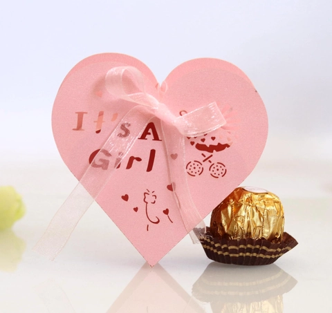 It's A Girl Heart Shaped Candy Box Laser Cut Pearlescent Paper Baby Shower Favor Box With Ribbon Party Gift Packaging Box
