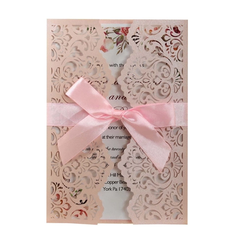 Invitaciones de Boda Florales con Corte Láser Europeo Papel Perlado Invitación con Lazo de Cinta y Sobre para Fiesta de Matrimonio